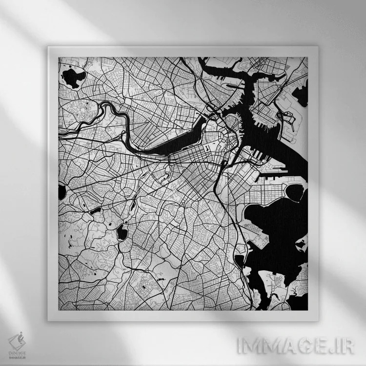 تابلو نقشه راههای شهری بوستون (سفید) اثر اوربانمپ (نقشه شهری؛ استودیو نقشه یا طراح) - نمای قابدار سفید