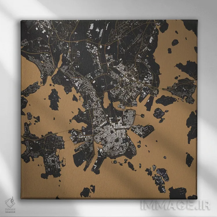 تابلو نقشه شهری هلسینکی (طلایی) اثر اوربانمپ (نقشه شهری؛ استودیو نقشه یا طراح) - نمای روبهرو روی دیوار