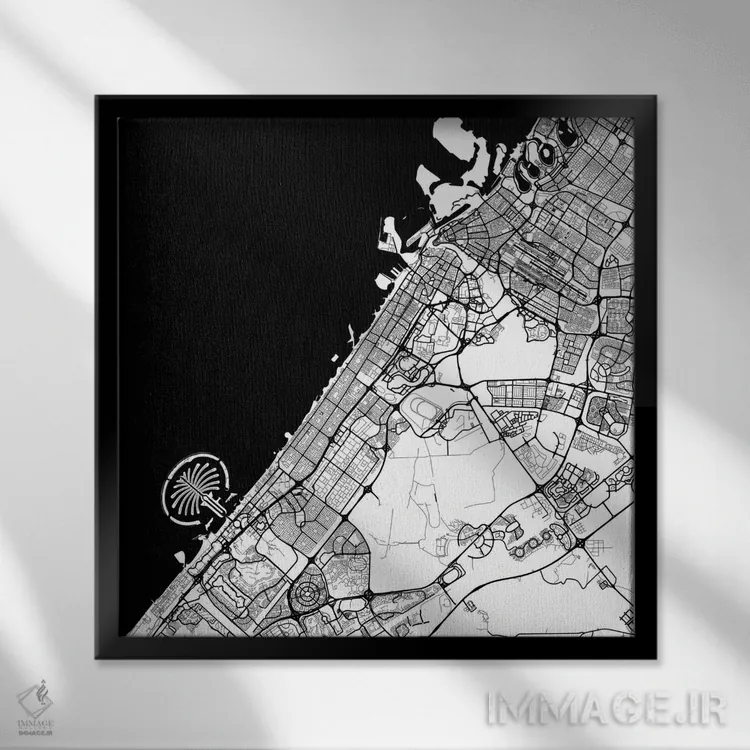 تابلو نقشه شهری دبی (سیاه) اثر اوربانمپ (نقشه شهری؛ استودیو نقشه یا طراح) - نمای قابدار مشکی
