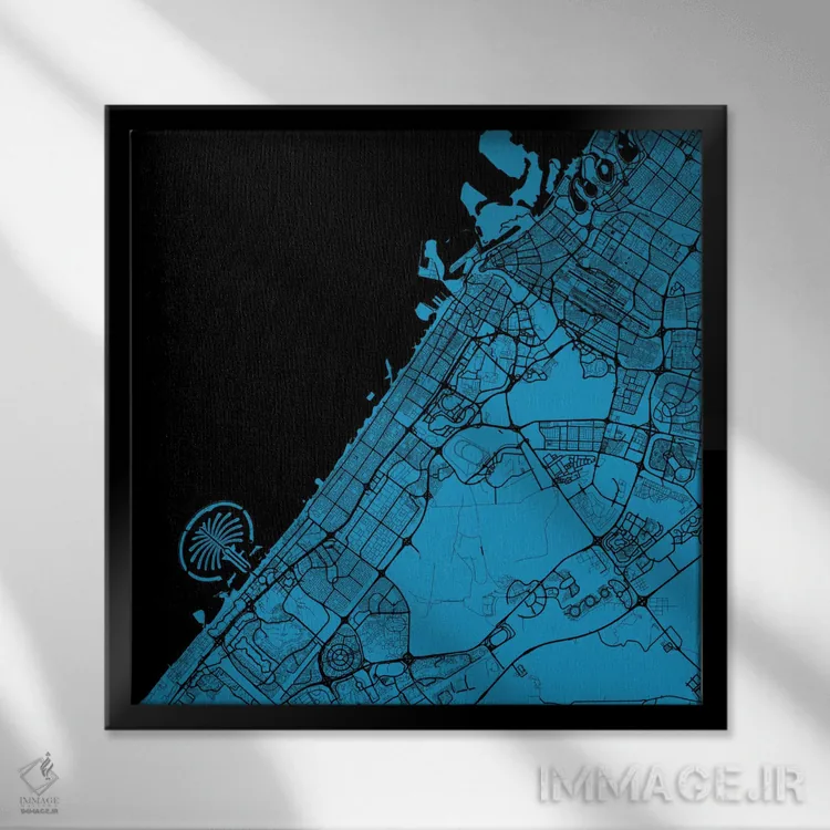 تابلو نقشه شهری دبی (آبی) اثر اوربانمپ (نقشه شهری؛ استودیو نقشه یا طراح) - نمای قابدار مشکی