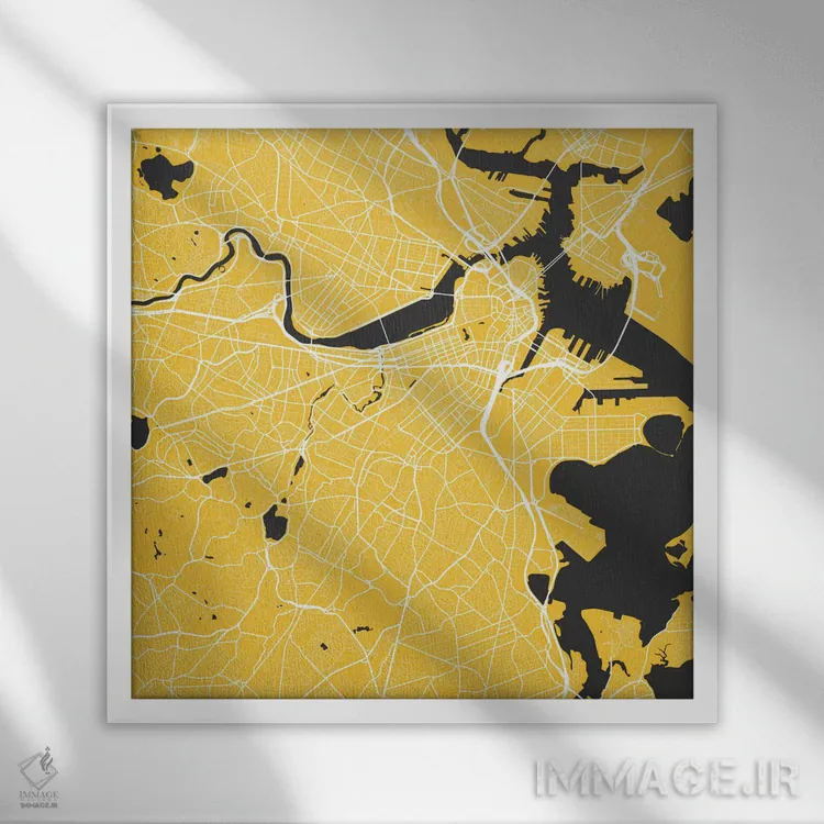 تابلو نقشه راههای شهری بوستون (زرد) اثر اوربانمپ (نقشه شهری؛ استودیو نقشه یا طراح) - نمای قابدار سفید