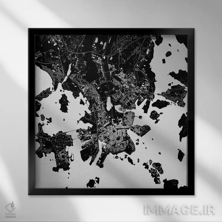 تابلو نقشه شهری هلسینکی (سیاه) اثر اوربانمپ (نقشه شهری؛ استودیو نقشه یا طراح) - نمای قابدار مشکی