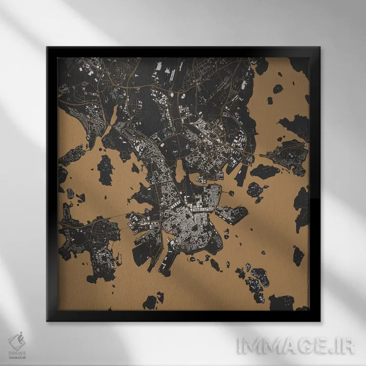 تابلو نقشه شهری هلسینکی (طلایی) اثر اوربانمپ (نقشه شهری؛ استودیو نقشه یا طراح) - نمای قابدار مشکی
