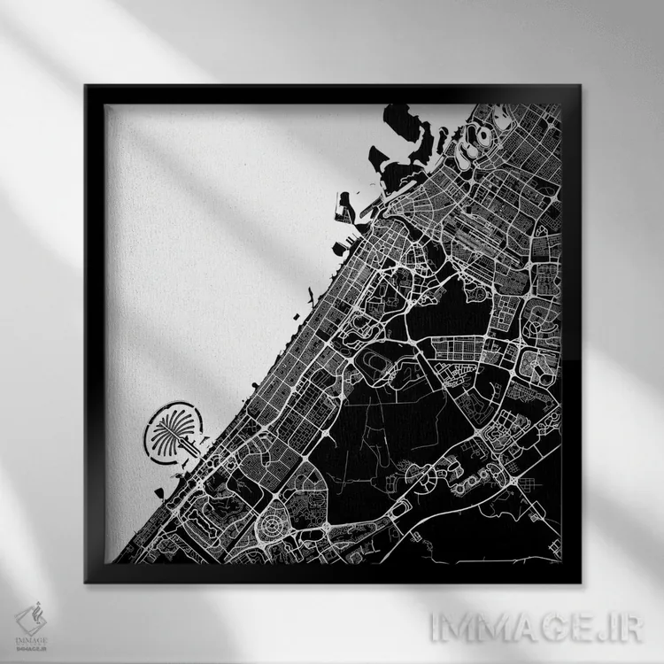 تابلو نقشه شهری دبی (سفید) اثر اوربانمپ (نقشه شهری؛ استودیو نقشه یا طراح) - نمای قابدار مشکی