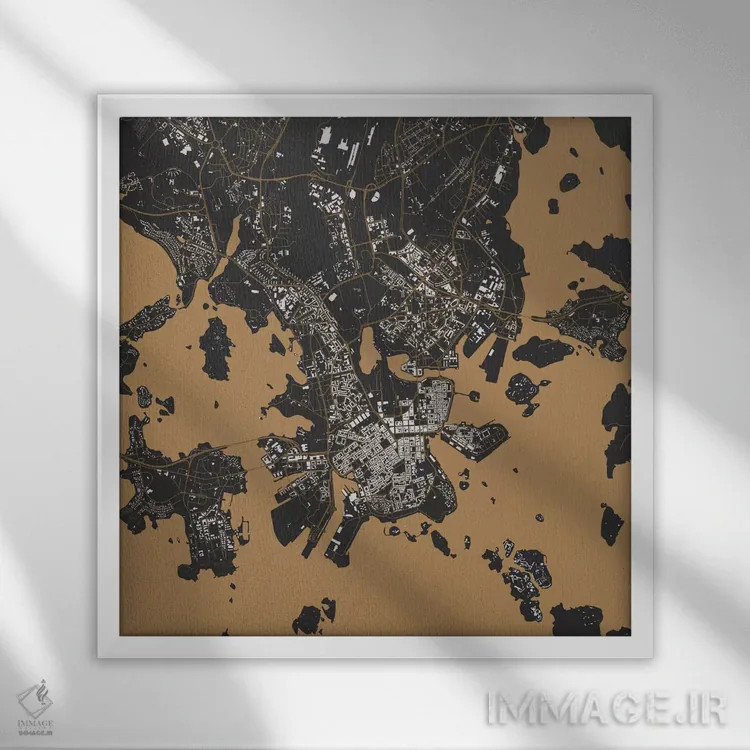 تابلو نقشه شهری هلسینکی (طلایی) اثر اوربانمپ (نقشه شهری؛ استودیو نقشه یا طراح) - نمای قابدار سفید