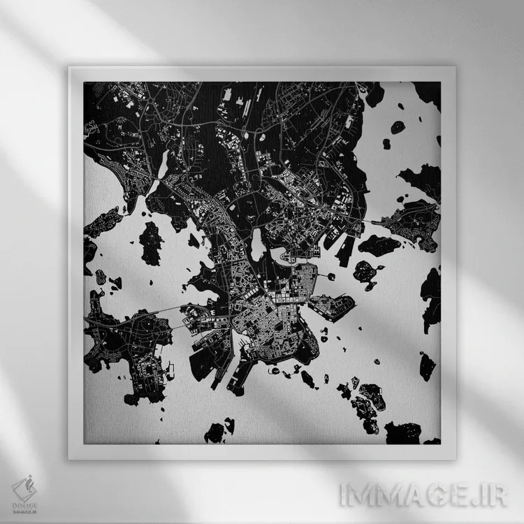 تابلو نقشه شهری هلسینکی (سیاه) اثر اوربانمپ (نقشه شهری؛ استودیو نقشه یا طراح) - نمای قابدار سفید