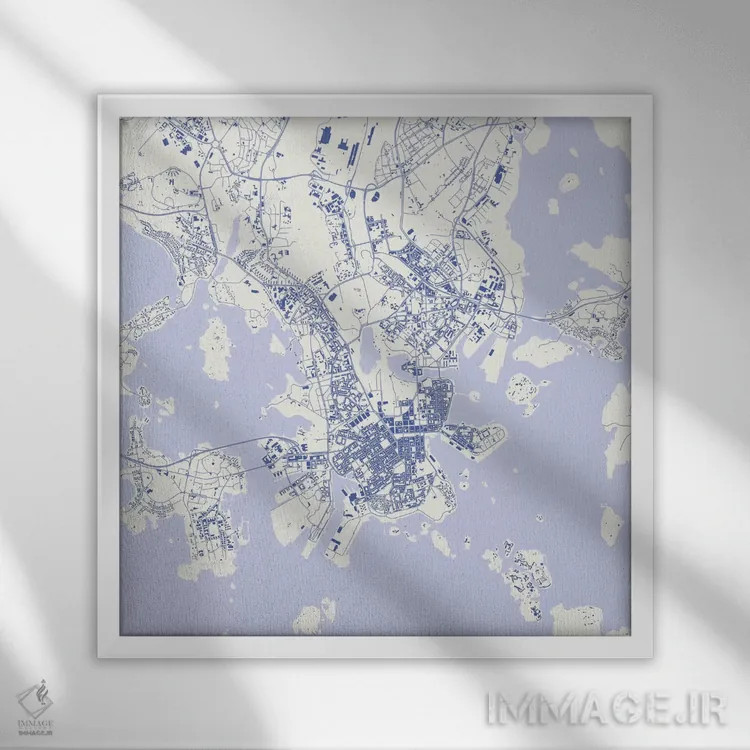 تابلو نقشه شهری هلسینکی (آبی) اثر اوربانمپ (نقشه شهری؛ استودیو نقشه یا طراح) - نمای قابدار سفید