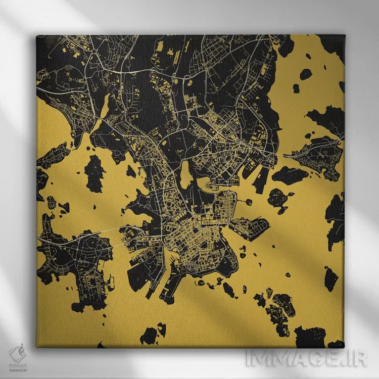 تابلو نقشه شهری هلسینکی (زرد) اثر اوربانمپ (نقشه شهری؛ استودیو نقشه یا طراح) - نمای روبهرو روی دیوار