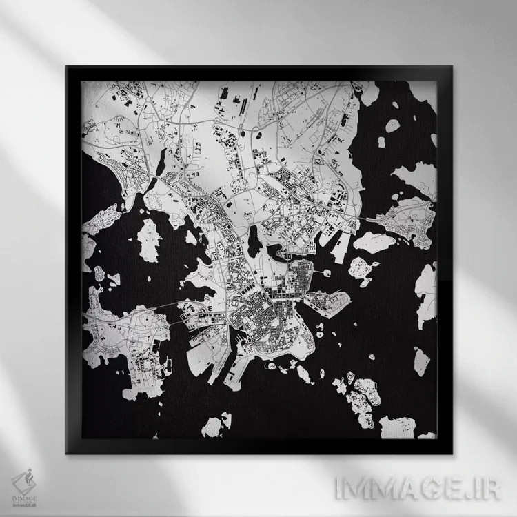 تابلو نقشه شهری هلسینکی (سفید) اثر اوربانمپ (نقشه شهری؛ استودیو نقشه یا طراح) - نمای قابدار مشکی