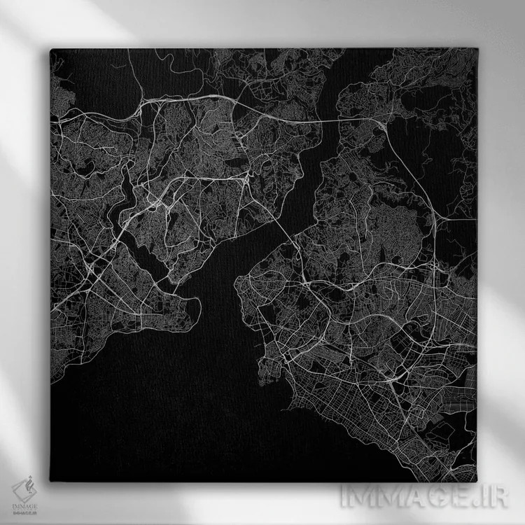 تابلو نقشه راههای شهری استانبول (سیاه) اثر اوربانمپ (نقشه شهری؛ استودیو نقشه یا طراح) - نمای روبهرو روی دیوار