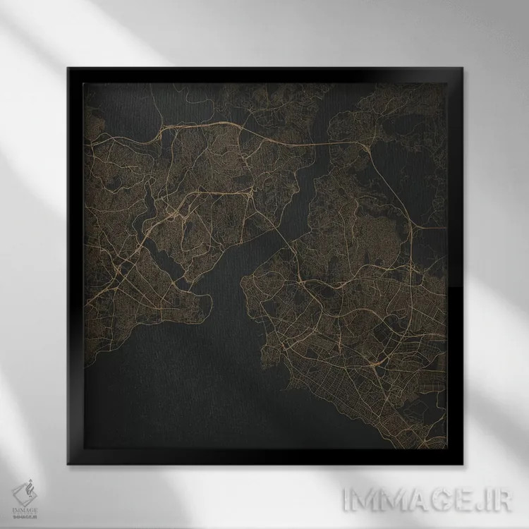 تابلو نقشه راههای شهری استانبول (طلایی) اثر اوربانمپ (نقشه شهری؛ استودیو نقشه یا طراح) - نمای قابدار مشکی