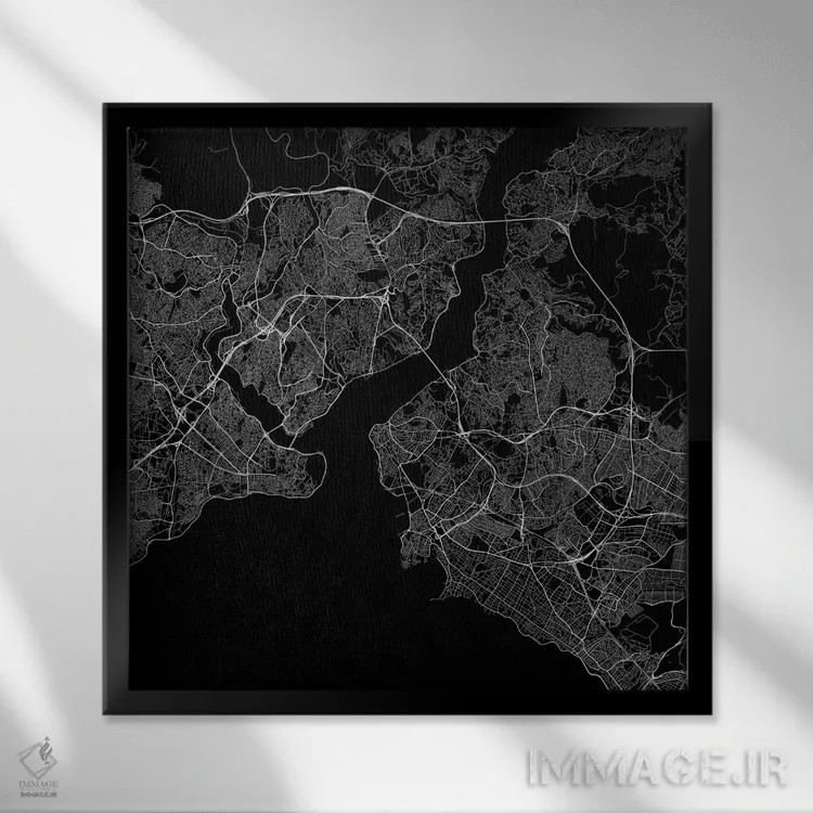 تابلو نقشه راههای شهری استانبول (سیاه) اثر اوربانمپ (نقشه شهری؛ استودیو نقشه یا طراح) - نمای قابدار مشکی
