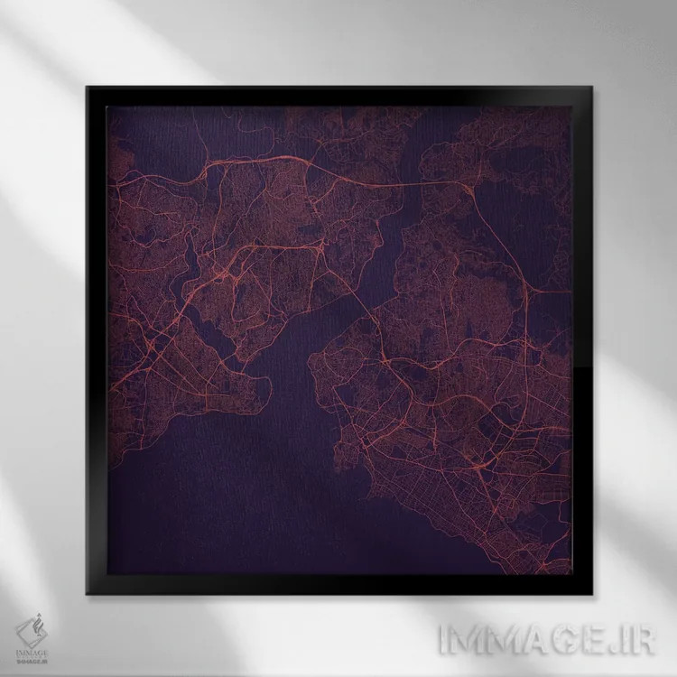 تابلو نقشه راههای شهری استانبول (شب بنفش) اثر اوربانمپ (نقشه شهری؛ استودیو نقشه یا طراح) - نمای قابدار مشکی