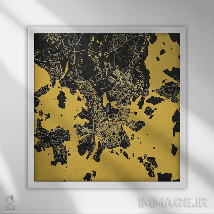 تابلو نقشه شهری هلسینکی (زرد) اثر اوربانمپ (نقشه شهری؛ استودیو نقشه یا طراح) - نمای قابدار سفید