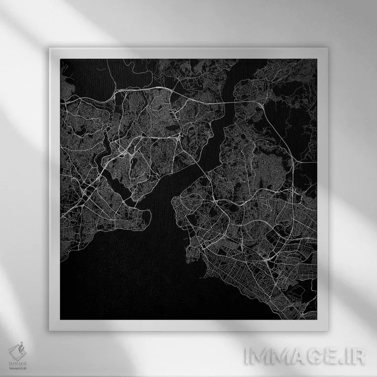 تابلو نقشه راههای شهری استانبول (سیاه) اثر اوربانمپ (نقشه شهری؛ استودیو نقشه یا طراح) - نمای قابدار سفید