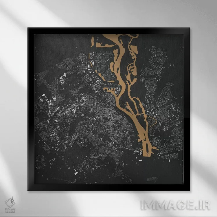 تابلو نقشه شهری کییف (طلایی) اثر اوربانمپ (نقشه شهری؛ استودیو نقشه یا طراح) - نمای قابدار مشکی
