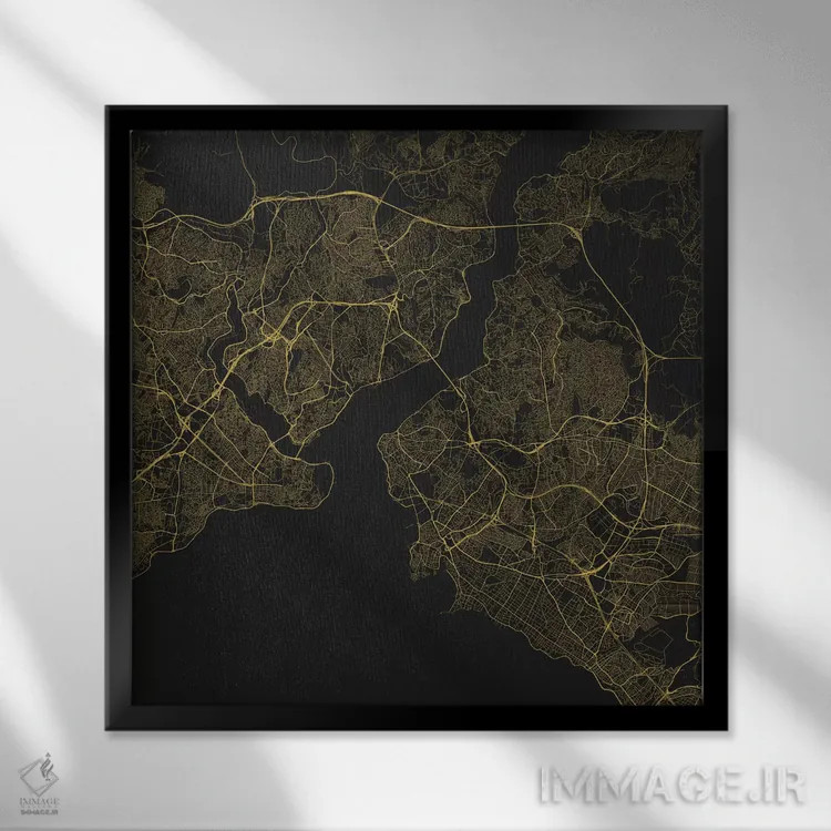 تابلو نقشه راههای شهری استانبول (زرد) اثر اوربانمپ (نقشه شهری؛ استودیو نقشه یا طراح) - نمای قابدار مشکی