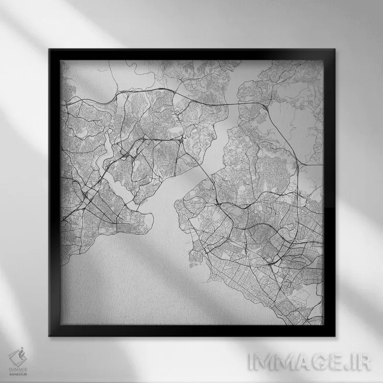 تابلو نقشه راههای شهری استانبول (سفید) اثر اوربانمپ (نقشه شهری؛ استودیو نقشه یا طراح) - نمای قابدار مشکی