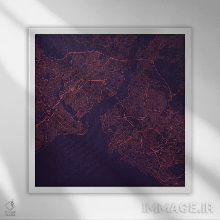 تابلو نقشه راههای شهری استانبول (شب بنفش) اثر اوربانمپ (نقشه شهری؛ استودیو نقشه یا طراح) - نمای قابدار سفید
