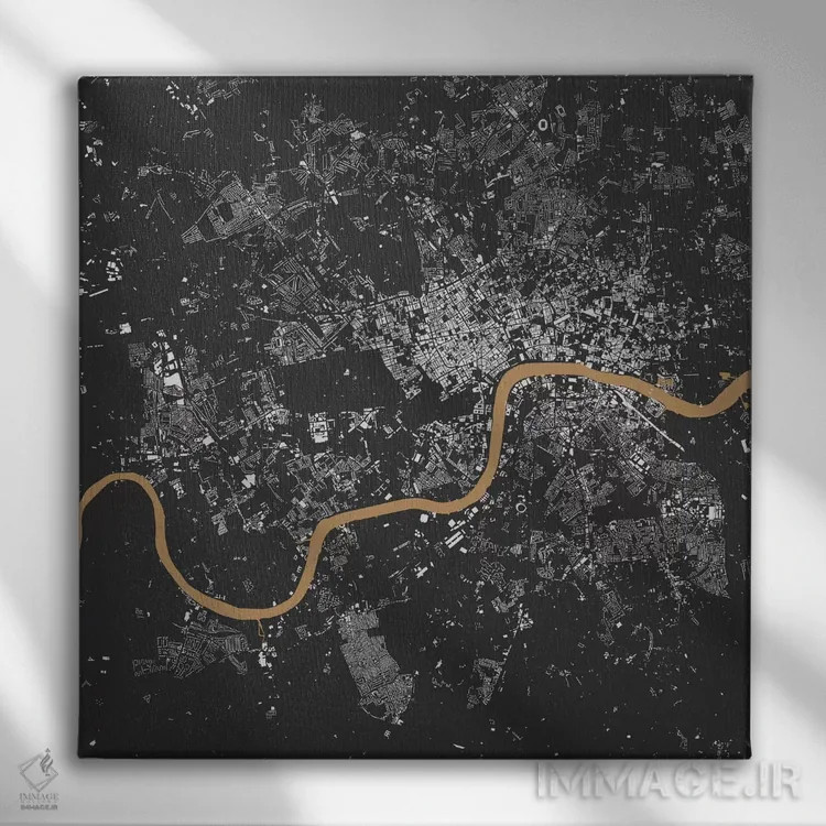 تابلو نقشه شهری لندن (سیاه و طلایی) اثر اوربانمپ (نقشه شهری؛ استودیو نقشه یا طراح) - نمای روبهرو روی دیوار