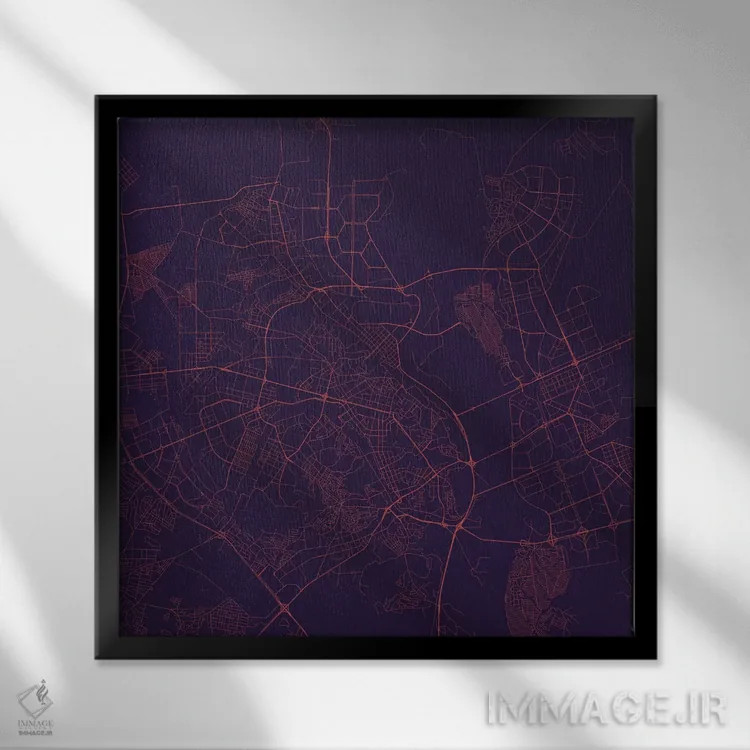 تابلو نقشه راههای شهری کییف (شب بنفش) اثر اوربانمپ (نقشه شهری؛ استودیو نقشه یا طراح) - نمای قابدار مشکی