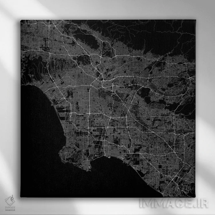 تابلو نقشه راههای شهری لسآنجلس (سیاه) اثر اوربانمپ (نقشه شهری؛ استودیو نقشه یا طراح) - نمای روبهرو روی دیوار