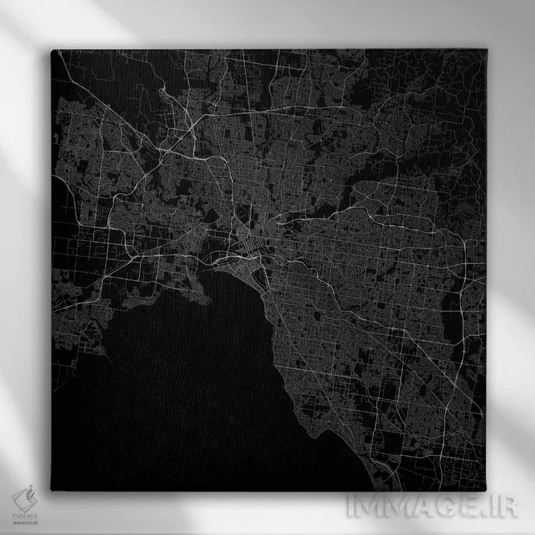 تابلو نقشه راههای شهری ملبورن (سیاه) اثر اوربانمپ (نقشه شهری؛ استودیو نقشه یا طراح) - نمای روبهرو روی دیوار