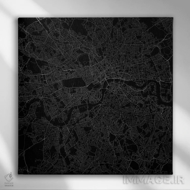 تابلو نقشه راههای شهری لندن (سیاه) اثر اوربانمپ (نقشه شهری؛ استودیو نقشه یا طراح) - نمای روبهرو روی دیوار
