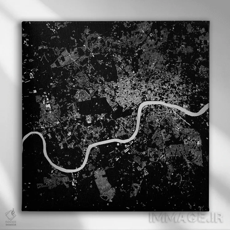 تابلو نقشه شهری لندن (سیاه) اثر اوربانمپ (نقشه شهری؛ استودیو نقشه یا طراح) - نمای روبهرو روی دیوار