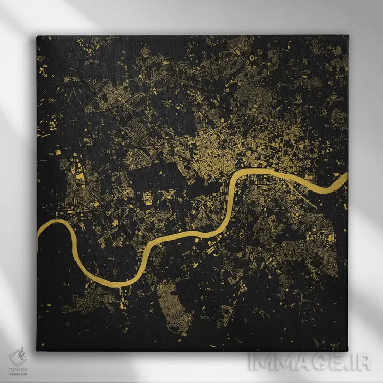 تابلو نقشه شهری لندن (زرد) اثر اوربانمپ (نقشه شهری؛ استودیو نقشه یا طراح) - نمای روبهرو روی دیوار