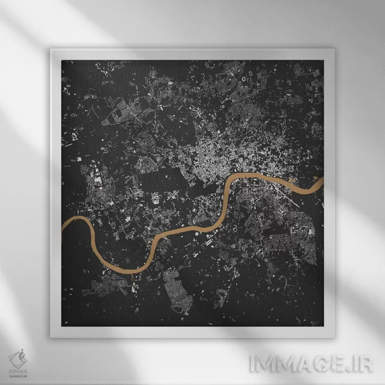 تابلو نقشه شهری لندن (سیاه و طلایی) اثر اوربانمپ (نقشه شهری؛ استودیو نقشه یا طراح) - نمای قابدار سفید
