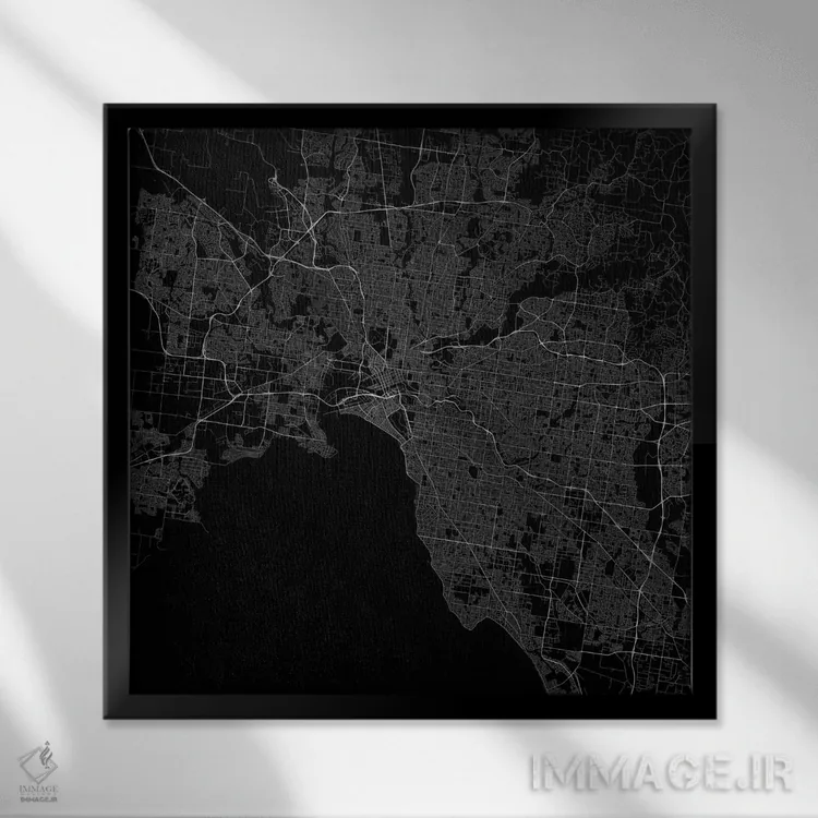 تابلو نقشه راههای شهری ملبورن (سیاه) اثر اوربانمپ (نقشه شهری؛ استودیو نقشه یا طراح) - نمای قابدار مشکی