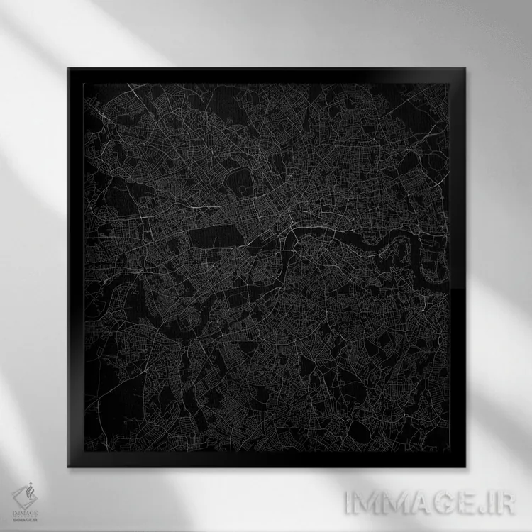 تابلو نقشه راههای شهری لندن (سیاه) اثر اوربانمپ (نقشه شهری؛ استودیو نقشه یا طراح) - نمای قابدار مشکی