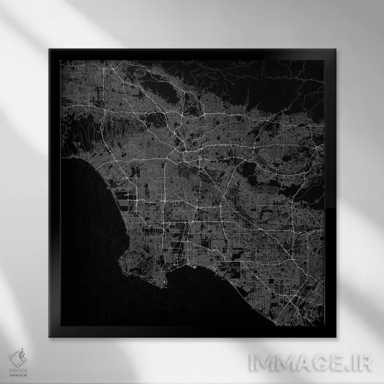 تابلو نقشه راههای شهری لسآنجلس (سیاه) اثر اوربانمپ (نقشه شهری؛ استودیو نقشه یا طراح) - نمای قابدار مشکی