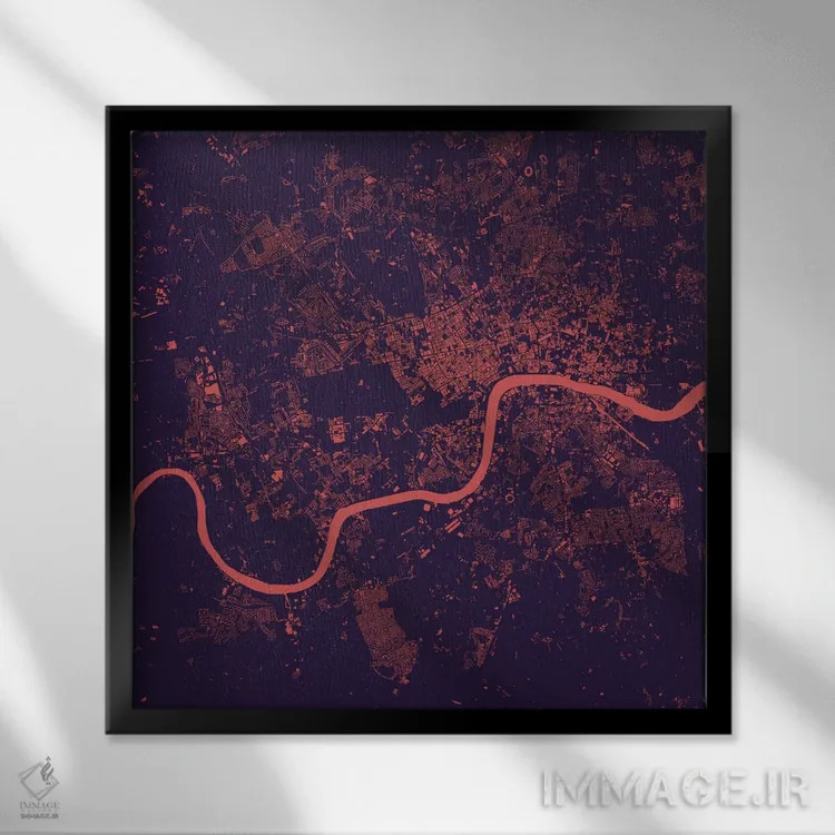 تابلو نقشه شهری لندن (شب بنفش) اثر اوربانمپ (نقشه شهری؛ استودیو نقشه یا طراح) - نمای قابدار مشکی