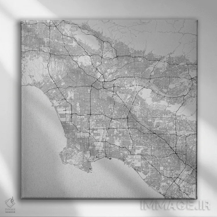 تابلو نقشه راههای شهری لسآنجلس (سفید) اثر اوربانمپ (نقشه شهری؛ استودیو نقشه یا طراح) - نمای روبهرو روی دیوار