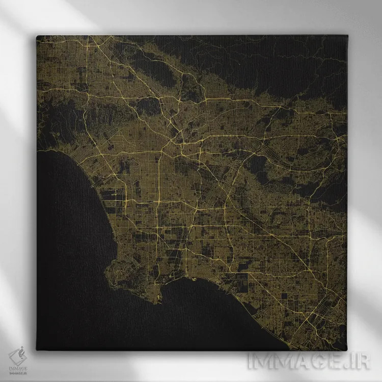 تابلو نقشه راههای شهری لسآنجلس (زرد) اثر اوربانمپ (نقشه شهری؛ استودیو نقشه یا طراح) - نمای روبهرو روی دیوار