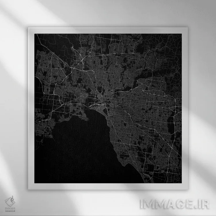 تابلو نقشه راههای شهری ملبورن (سیاه) اثر اوربانمپ (نقشه شهری؛ استودیو نقشه یا طراح) - نمای قابدار سفید