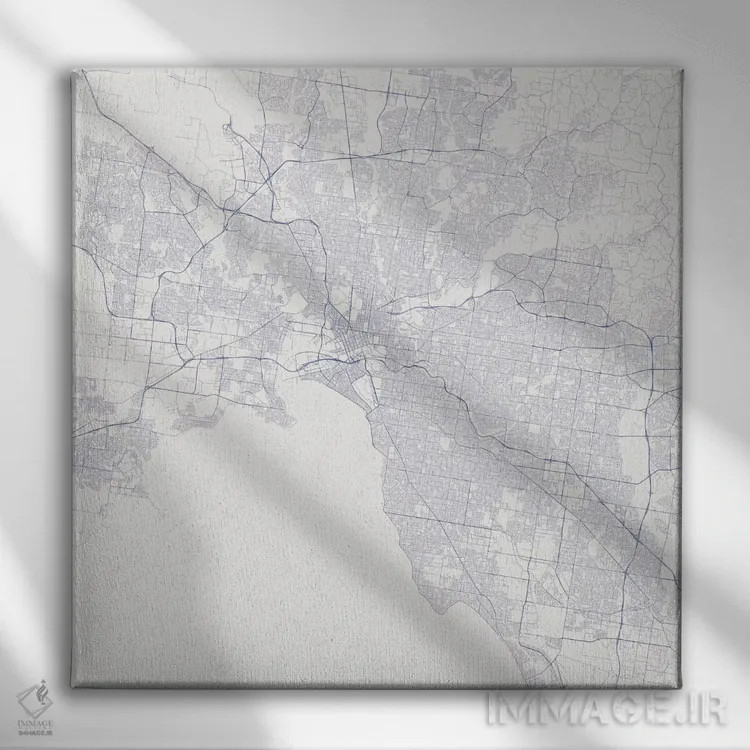 تابلو نقشه راههای شهری ملبورن (آبی) اثر اوربانمپ (نقشه شهری؛ استودیو نقشه یا طراح) - نمای روبهرو روی دیوار