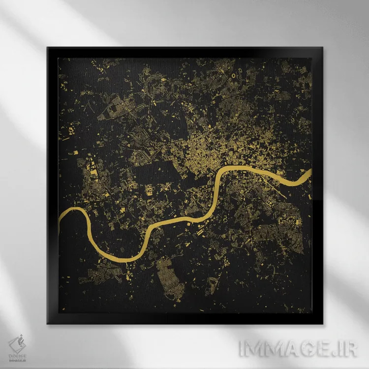 تابلو نقشه شهری لندن (زرد) اثر اوربانمپ (نقشه شهری؛ استودیو نقشه یا طراح) - نمای قابدار مشکی
