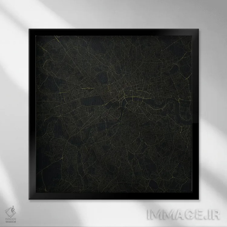 تابلو نقشه راههای شهری لندن (زرد) اثر اوربانمپ (نقشه شهری؛ استودیو نقشه یا طراح) - نمای قابدار مشکی