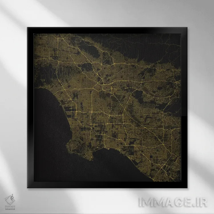 تابلو نقشه راههای شهری لسآنجلس (زرد) اثر اوربانمپ (نقشه شهری؛ استودیو نقشه یا طراح) - نمای قابدار مشکی