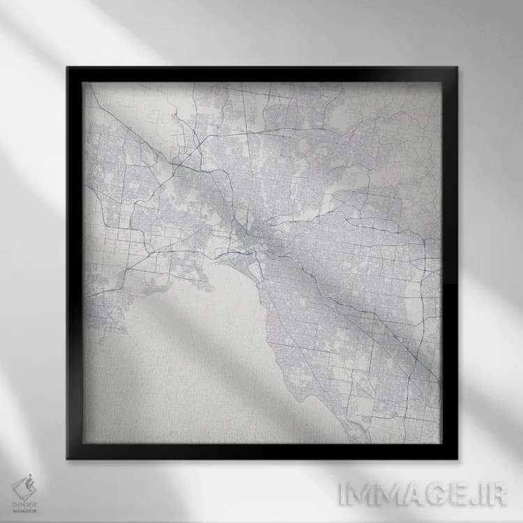 تابلو نقشه راههای شهری ملبورن (آبی) اثر اوربانمپ (نقشه شهری؛ استودیو نقشه یا طراح) - نمای قابدار مشکی