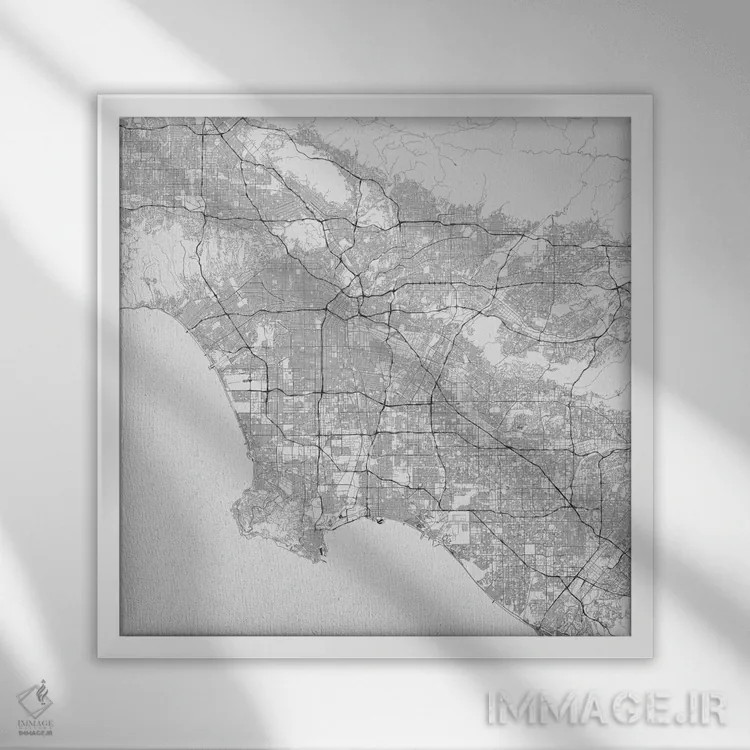 تابلو نقشه راههای شهری لسآنجلس (سفید) اثر اوربانمپ (نقشه شهری؛ استودیو نقشه یا طراح) - نمای قابدار سفید