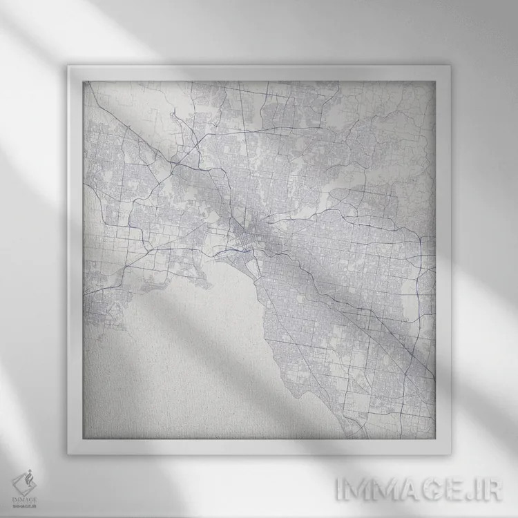 تابلو نقشه راههای شهری ملبورن (آبی) اثر اوربانمپ (نقشه شهری؛ استودیو نقشه یا طراح) - نمای قابدار سفید