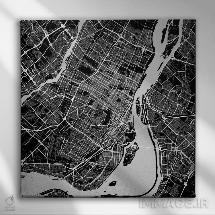 تابلو نقشه راههای شهری مونترال (سیاه) اثر اوربانمپ (نقشه شهری؛ استودیو نقشه یا طراح) - نمای روبهرو روی دیوار