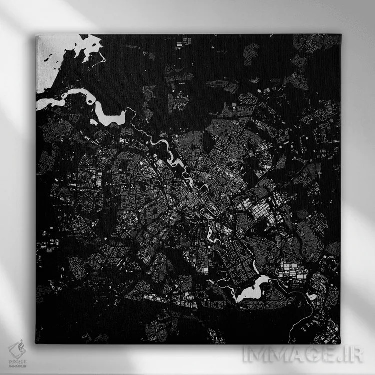 تابلو نقشه شهری مینسک (سیاه) اثر اوربانمپ (نقشه شهری؛ استودیو نقشه یا طراح) - نمای روبهرو روی دیوار