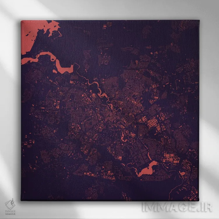تابلو نقشه شهری مینسک (شب بنفش) اثر اوربانمپ (نقشه شهری؛ استودیو نقشه یا طراح) - نمای روبهرو روی دیوار