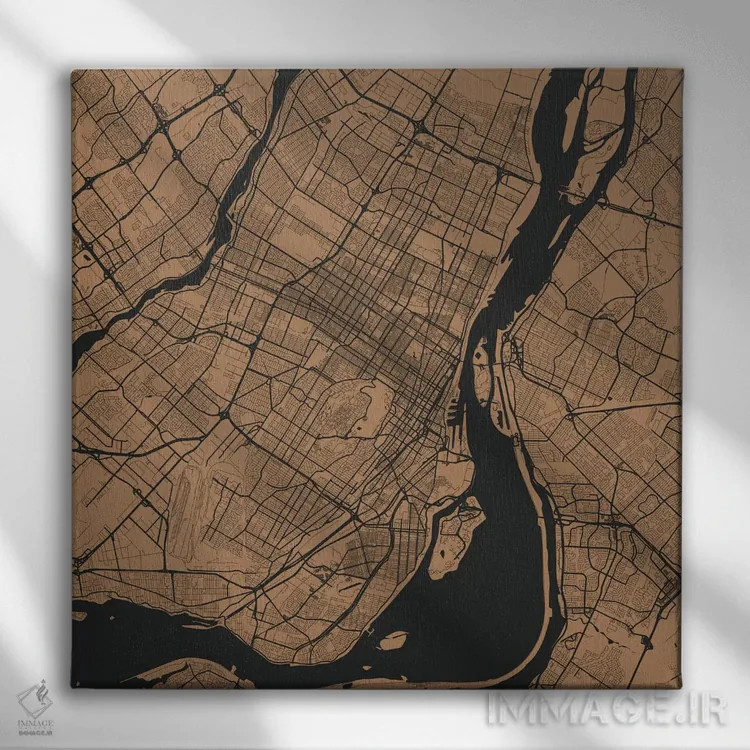 تابلو نقشه راههای شهری مونترال (طلایی) اثر اوربانمپ (نقشه شهری؛ استودیو نقشه یا طراح) - نمای روبهرو روی دیوار