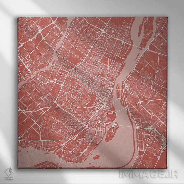 تابلو نقشه راههای شهری مونترال (صورتی) اثر اوربانمپ (نقشه شهری؛ استودیو نقشه یا طراح) - نمای روبهرو روی دیوار